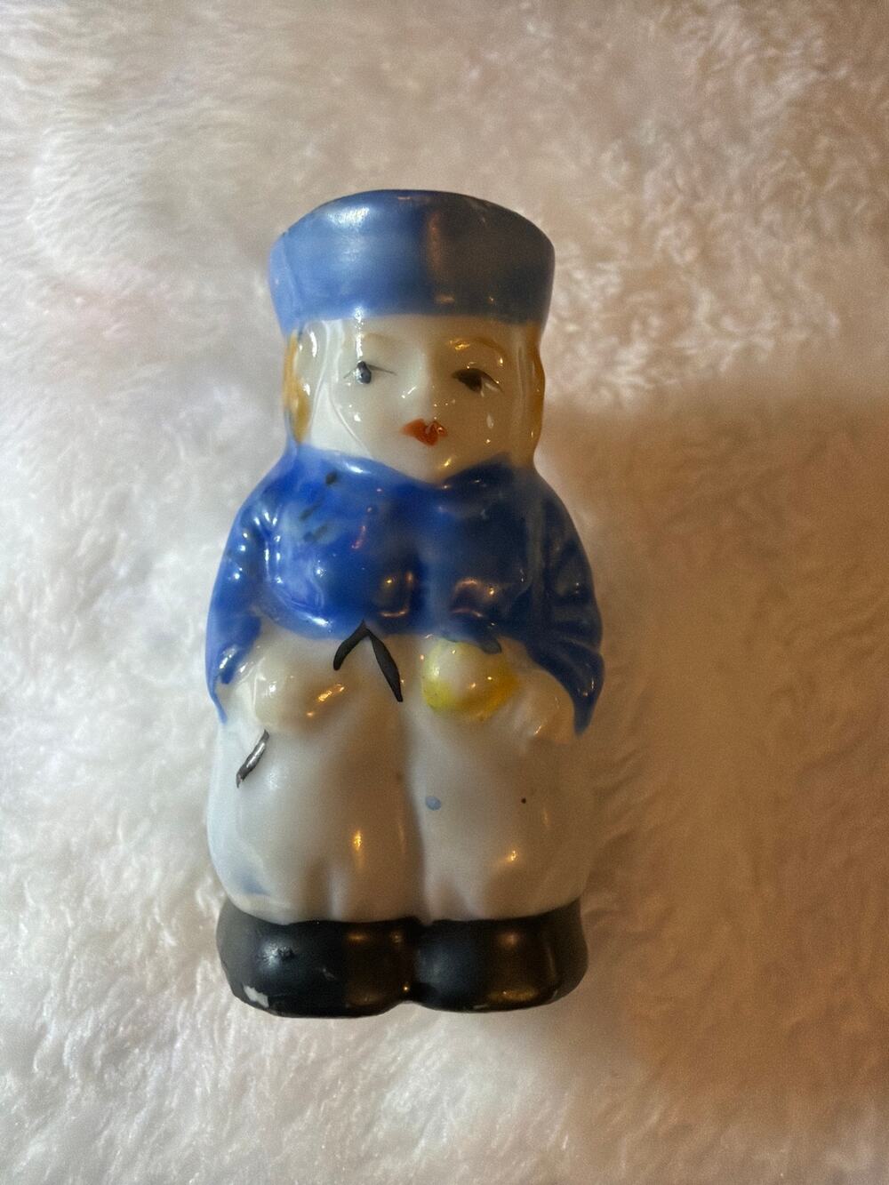 Vintage Japan Figural Boy Creamer Pitcher Blue White Porcelain Ceramic Miniature